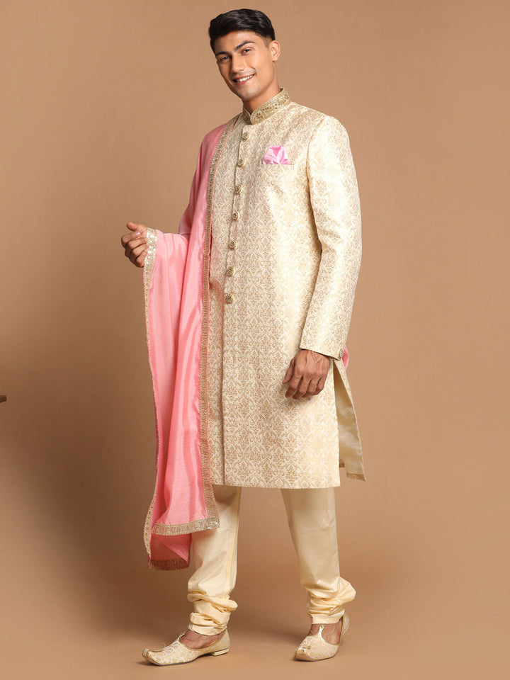 VASTRAMAY Men's Beige And Gold Embroidered Brocade Sherwani Set With Pink Dupatta