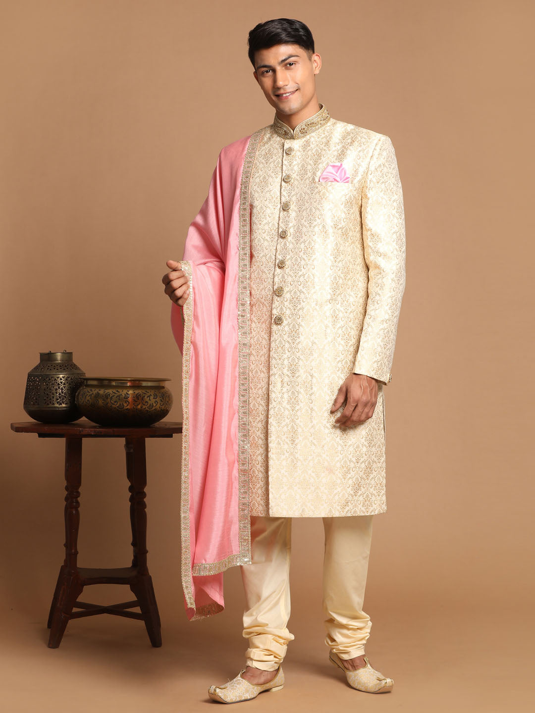 VASTRAMAY Men's Beige And Gold Embroidered Brocade Sherwani Set With Pink Dupatta