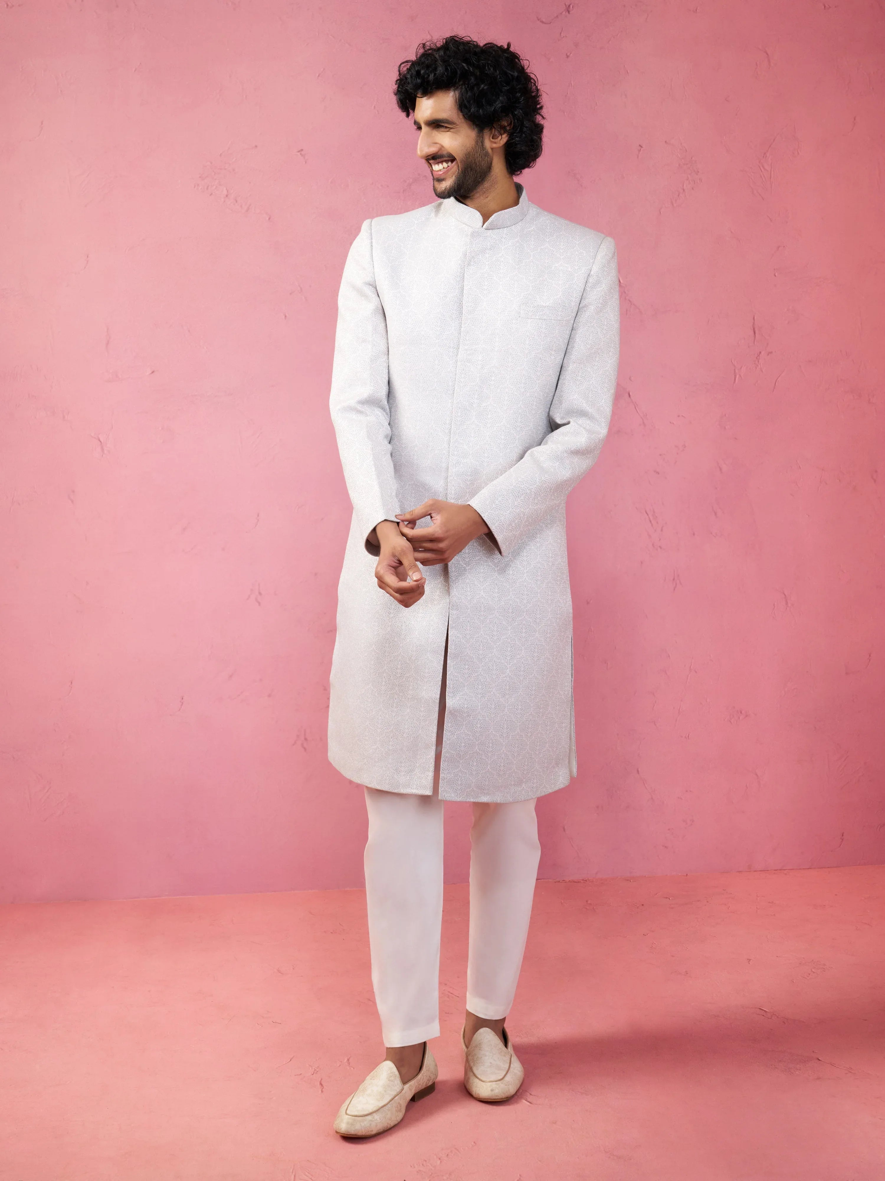 Men's Grey Silk Blend Sherwani Set with Cream Pyjama