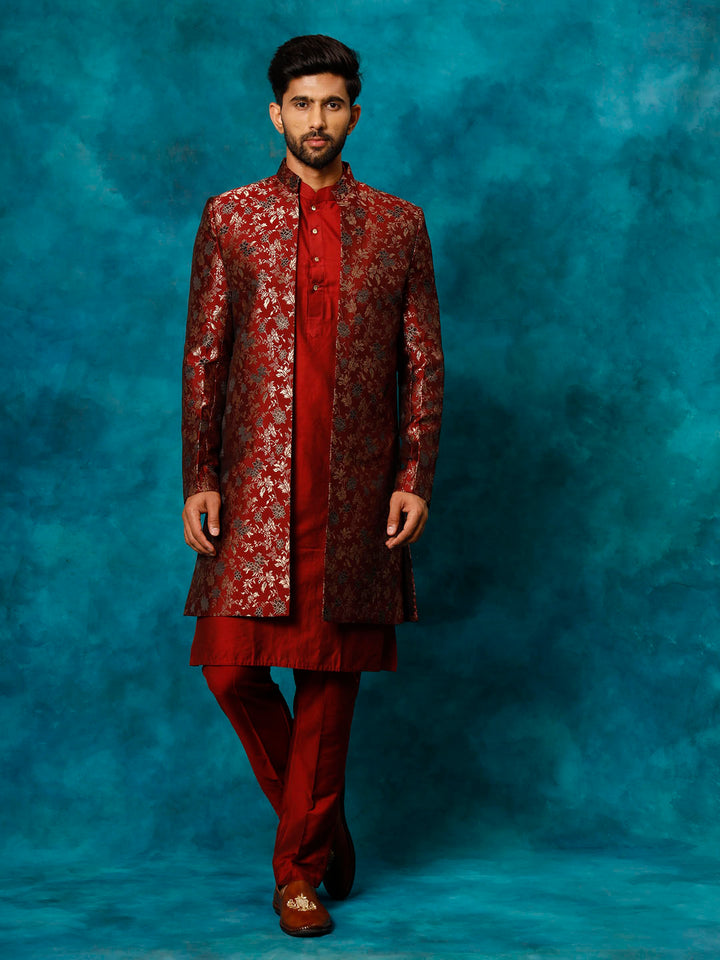 VASTRAMAY Men's Red Jacquard Indo Western With Maroon Viscose Kurta Pant Set - Traditional Indian outfit for men with red jacquard pattern and maroon pants