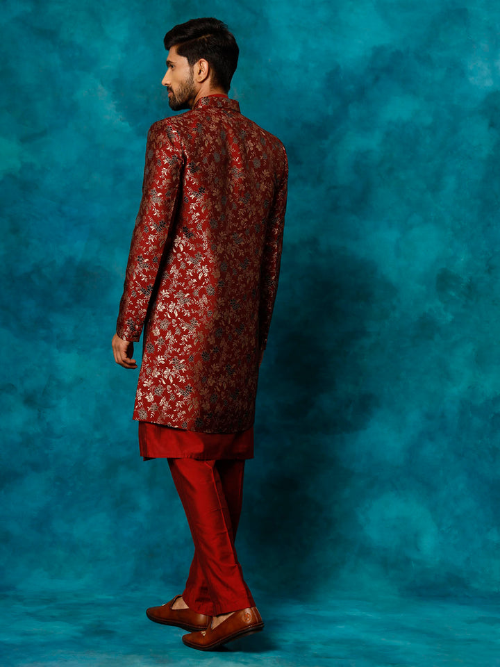 VASTRAMAY Men's Red Jacquard Indo Western With Maroon Viscose Kurta Pant Set, traditional Indian outfit with intricate pattern and rich color