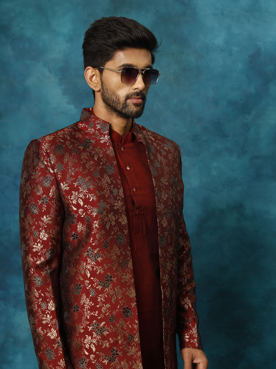 VASTRAMAY Men's Red Jacquard Indo Western With Maroon Viscose Kurta Pant Set - Traditional Indian men's outfit with red jacquard and maroon viscose