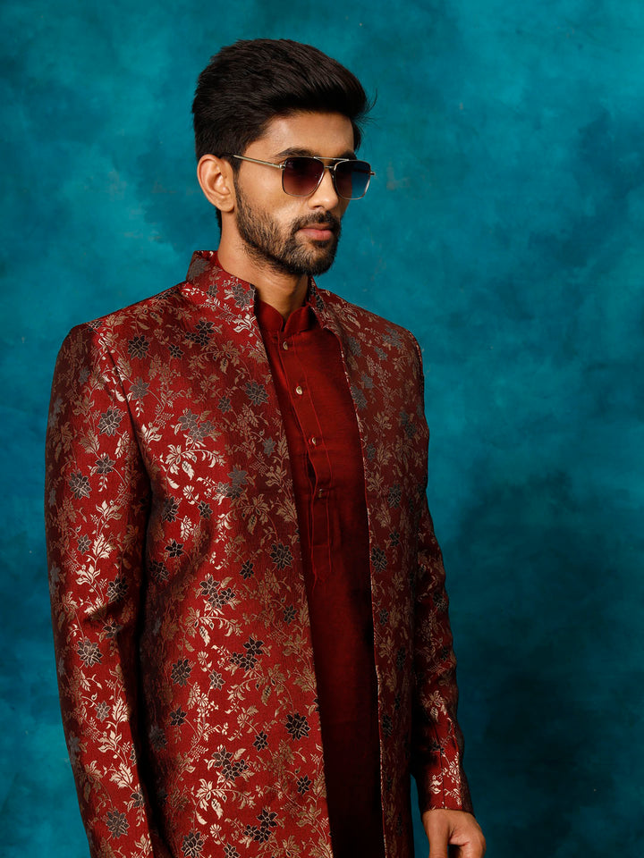 VASTRAMAY Men's Red Jacquard Indo Western With Maroon Viscose Kurta Pant Set - Traditional Indian men's outfit with red jacquard and maroon viscose