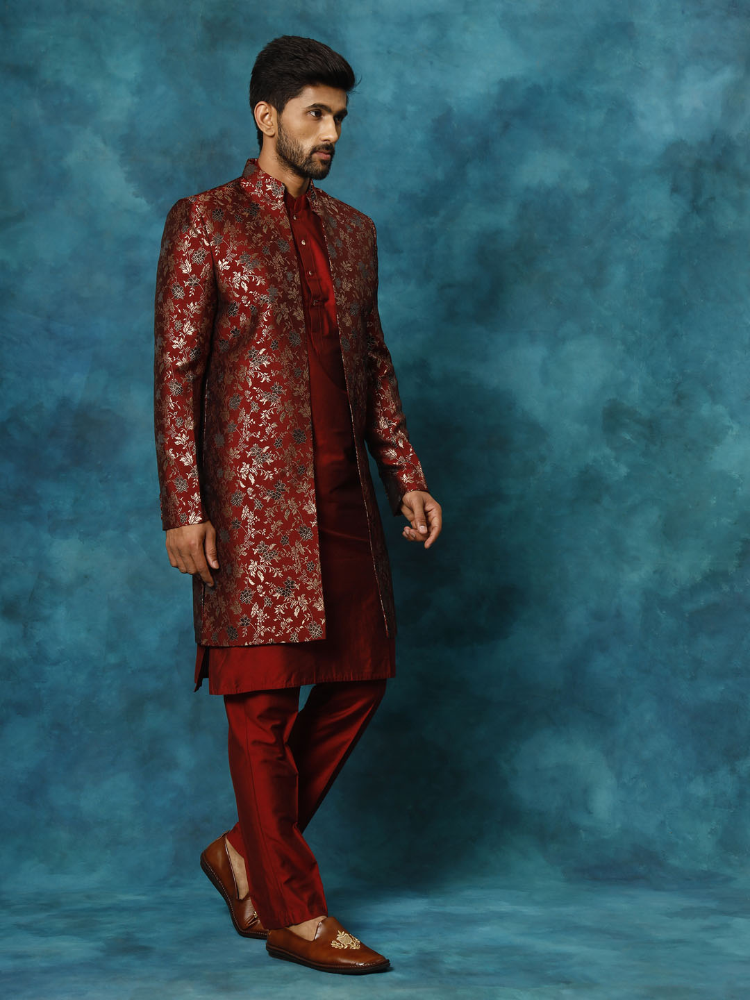 VASTRAMAY Men's Red Jacquard Indo Western With Maroon Viscose Kurta Pant Set