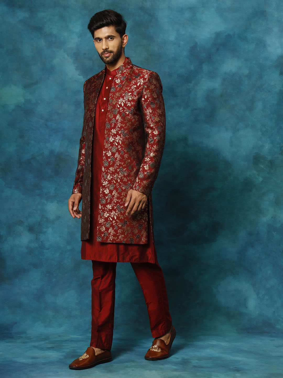 VASTRAMAY Men's Red Jacquard Indo Western With Maroon Viscose Kurta Pant Set, traditional Indian ethnic outfit for men, perfect for special occasions and festivities