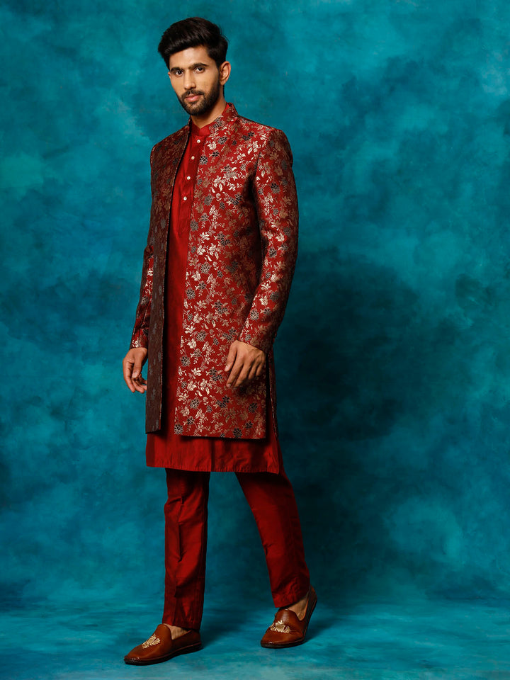 VASTRAMAY Men's Red Jacquard Indo Western With Maroon Viscose Kurta Pant Set