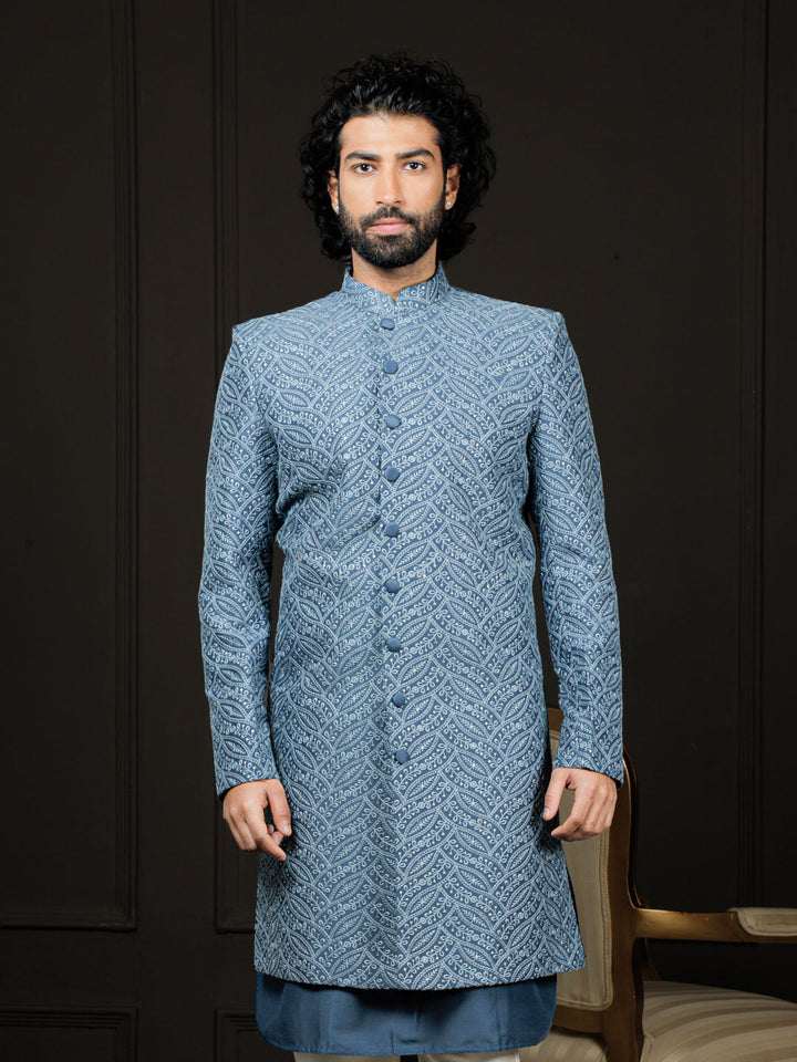 VASTRAMAY Men's Blue Cotton Blend Sherwani Only Top