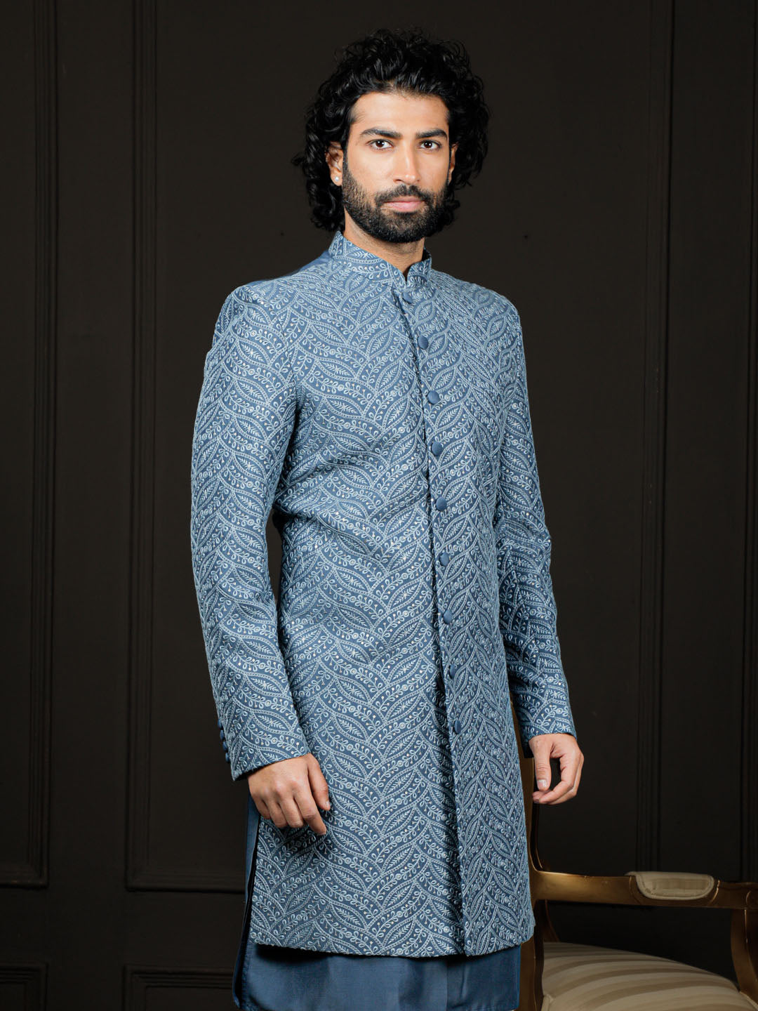 VASTRAMAY Men's Blue Cotton Blend Sherwani Only Top