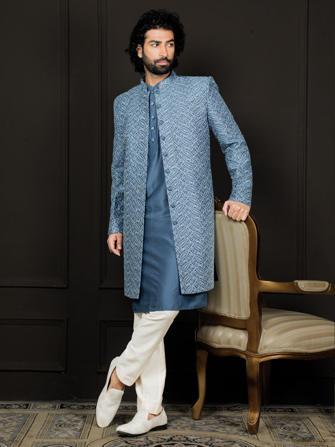 VASTRAMAY Men's Blue Cotton Blend Sherwani Only Top