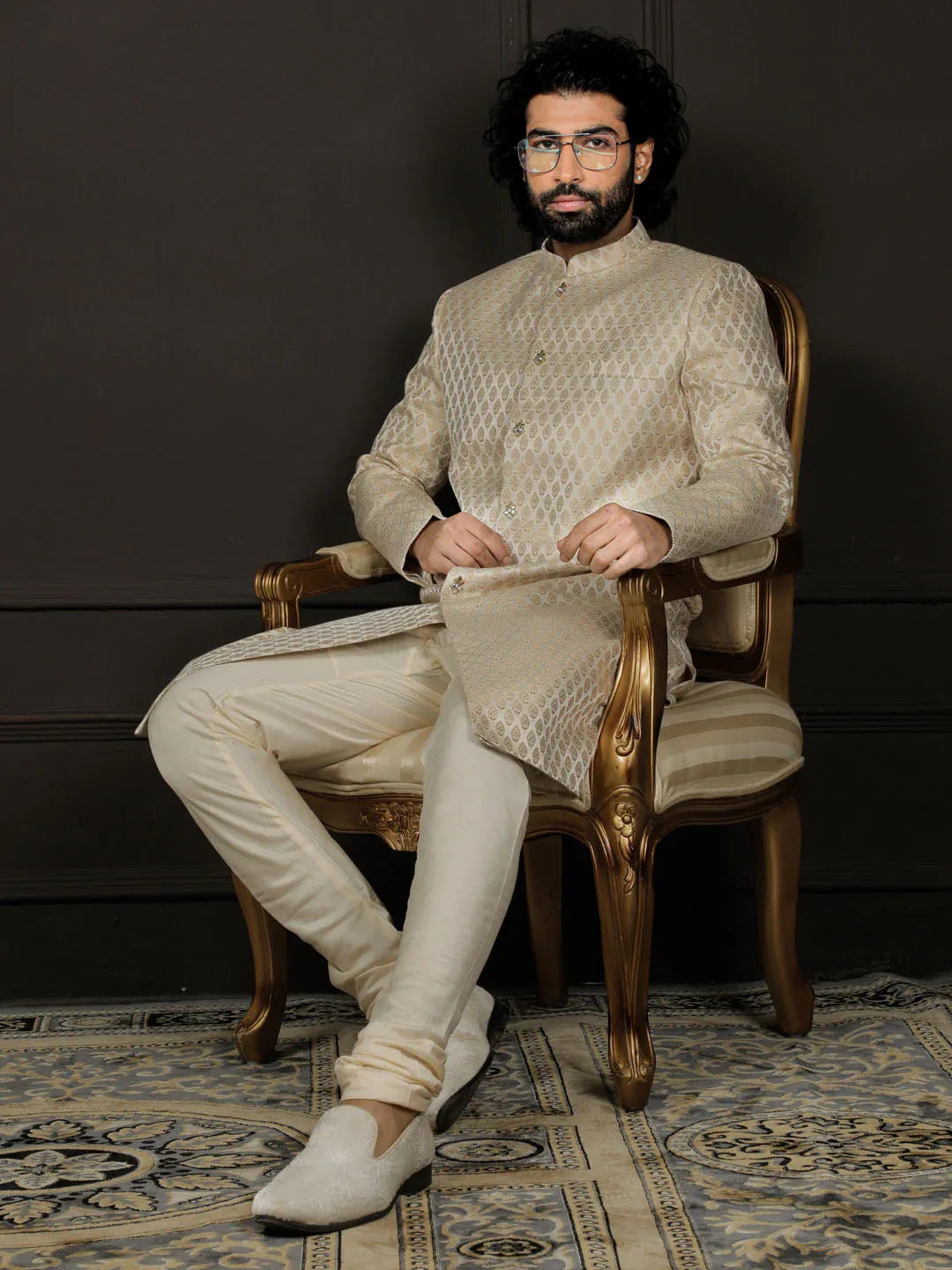 Men's Cream And Gold Silk Blend Sherwani Set
