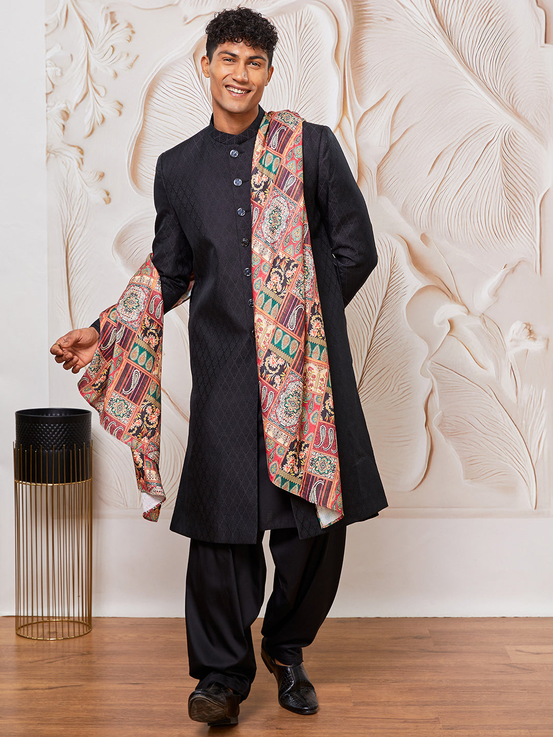 Men’s Black Silk Blend Sherwani with Kurta, Patiala, and Dupatta