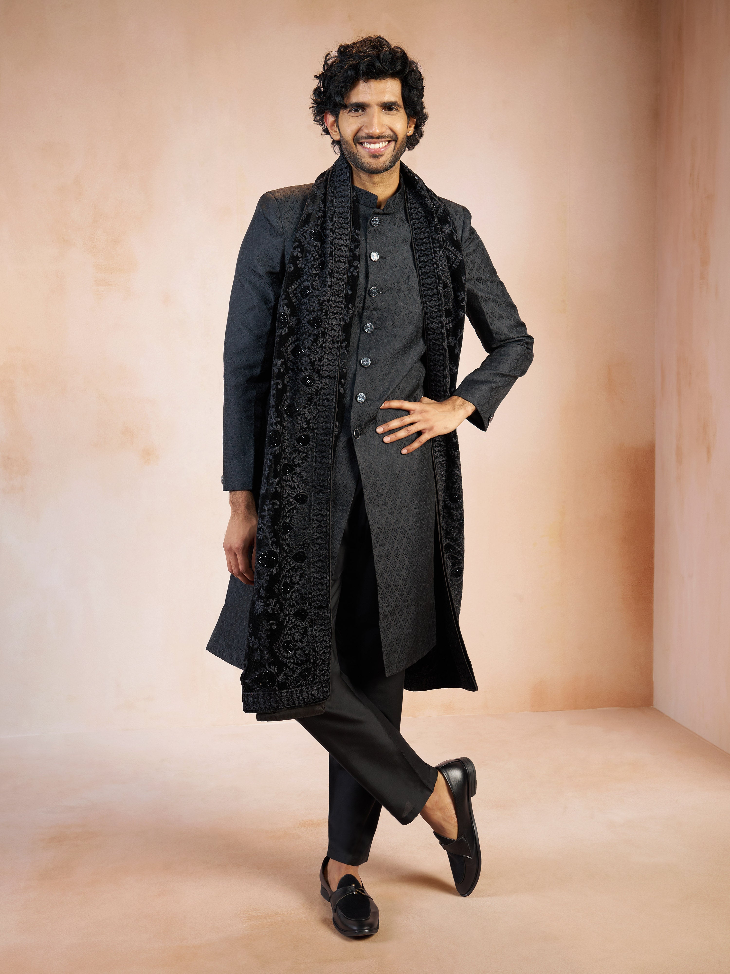 Men's Black Silk Blend Jacquard Sherwani with Black Viscose Pyjama & Black Velvet Thread Embroidery Dupatta Set