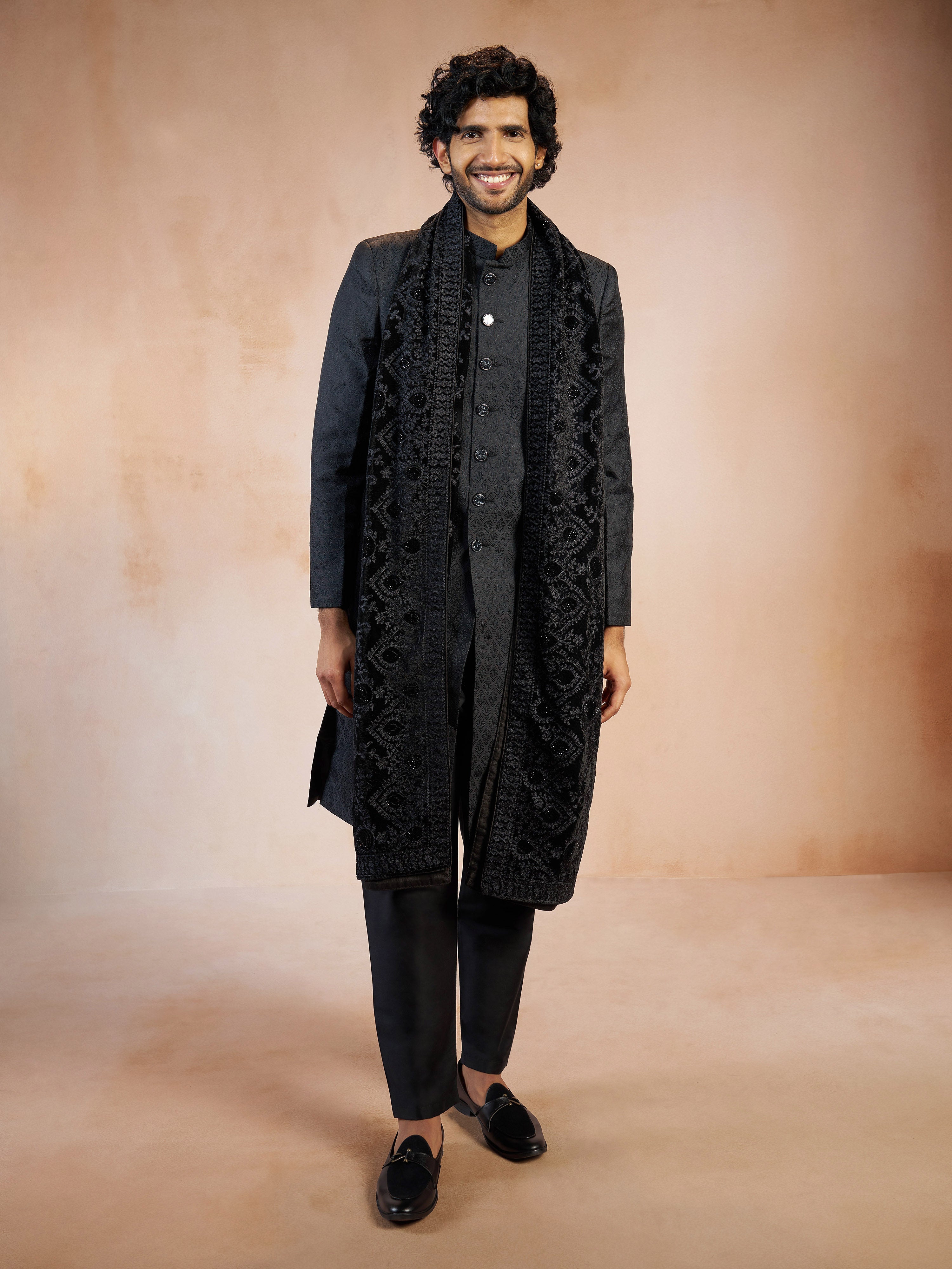 Men's Black Silk Blend Jacquard Sherwani with Black Viscose Pyjama & Black Velvet Thread Embroidery Dupatta Set