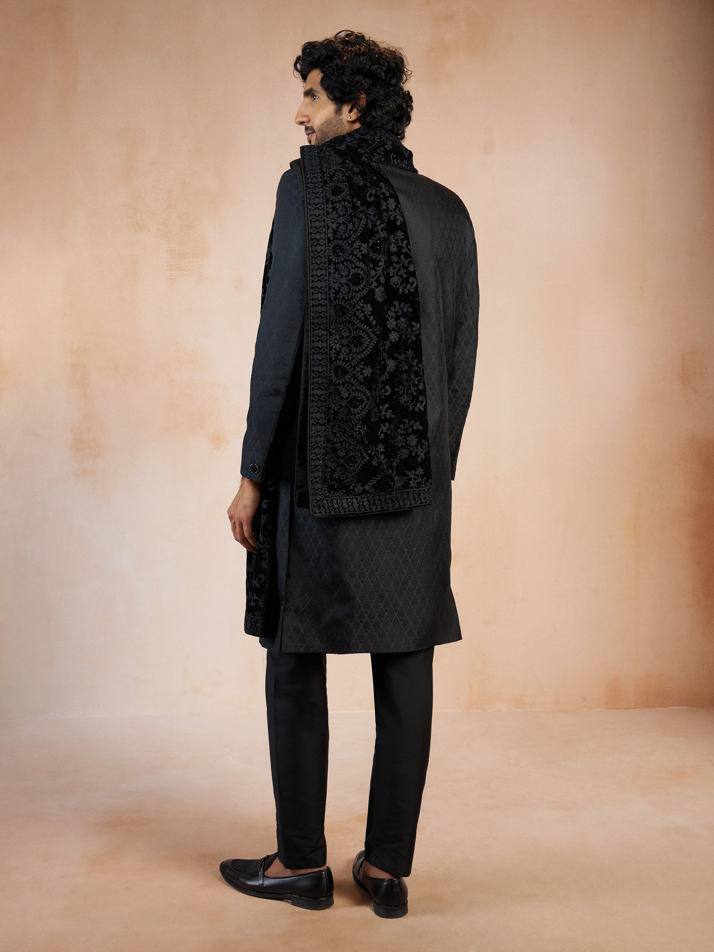 Men's Black Silk Blend Jacquard Sherwani with Black Viscose Pyjama & Black Velvet Thread Embroidery Dupatta Set