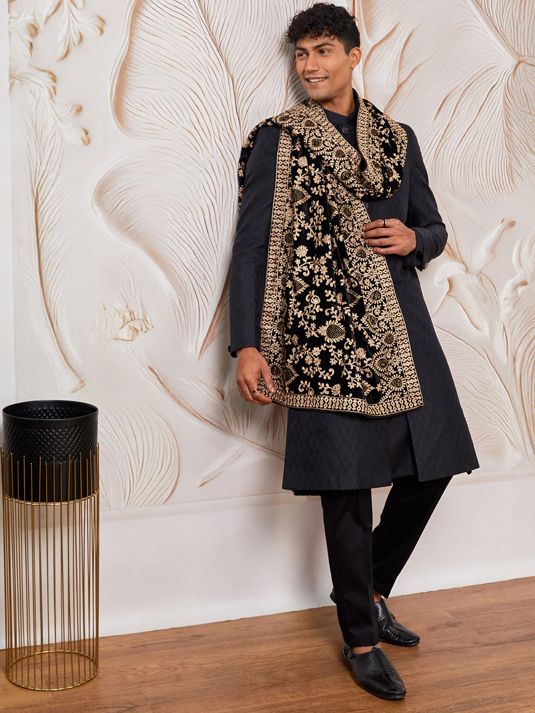 Men's Black Kalka Jacquard Sherwani Set with Viscose Pyjama & Embroidered Velvet Dupatta