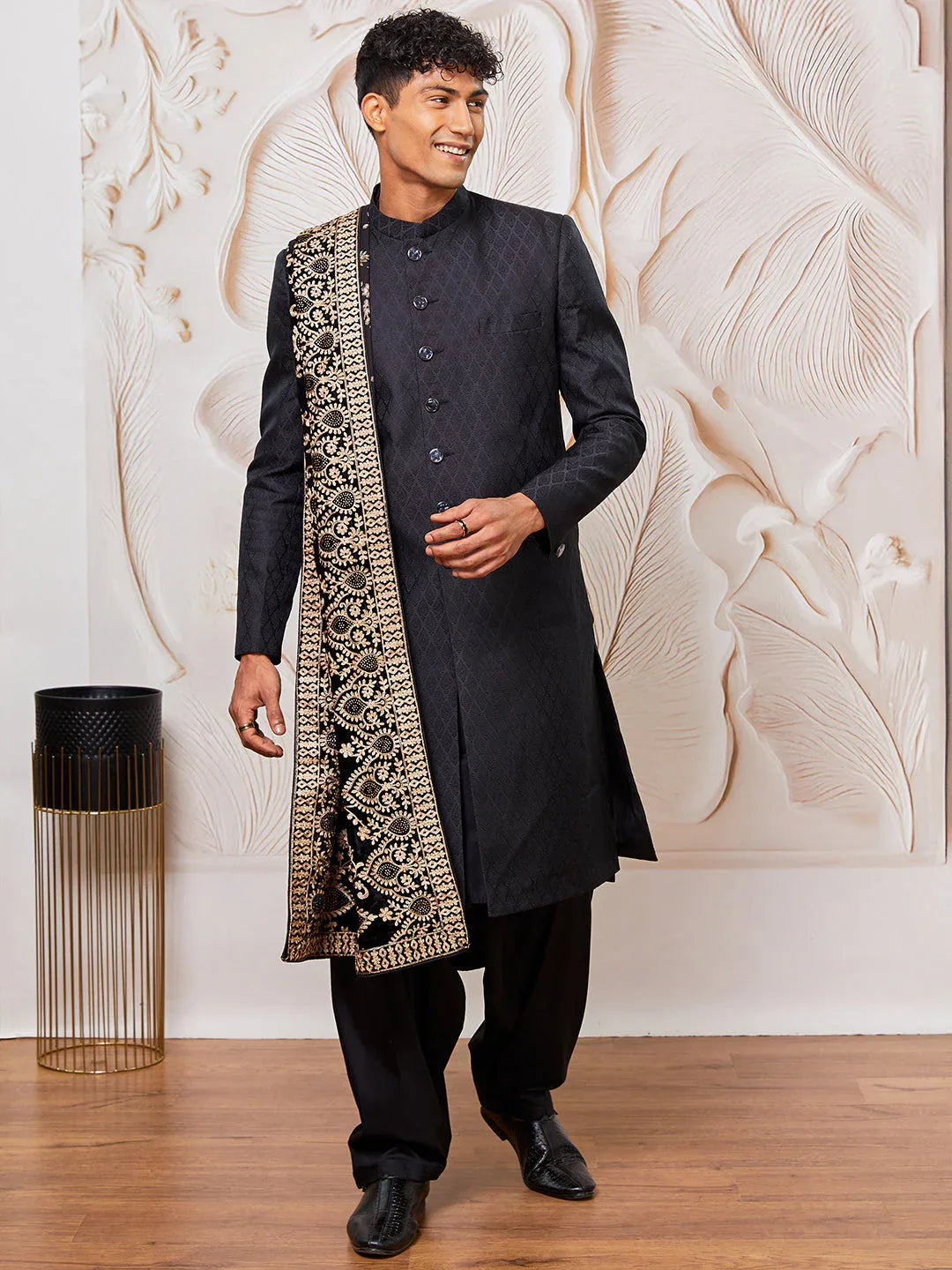 Men's Black Silk Blend Sherwani Pant And Dupatta Set