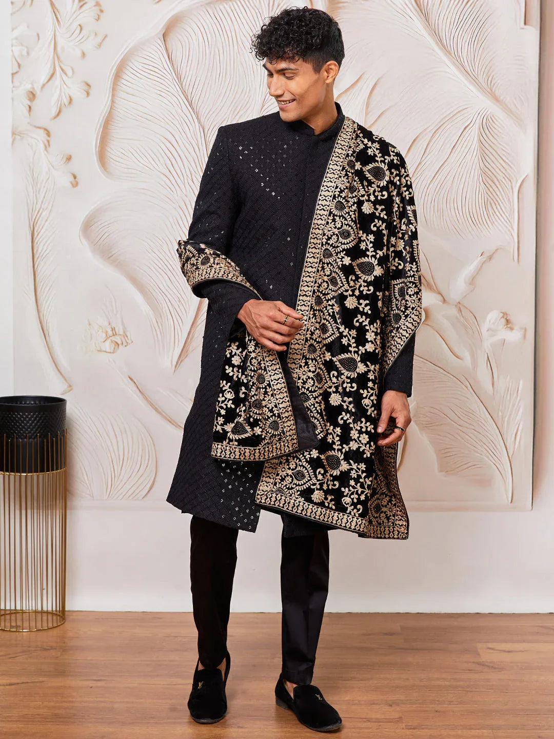 Men's Black Rayon Sherwani Kurta Pyjama And Dupata Set