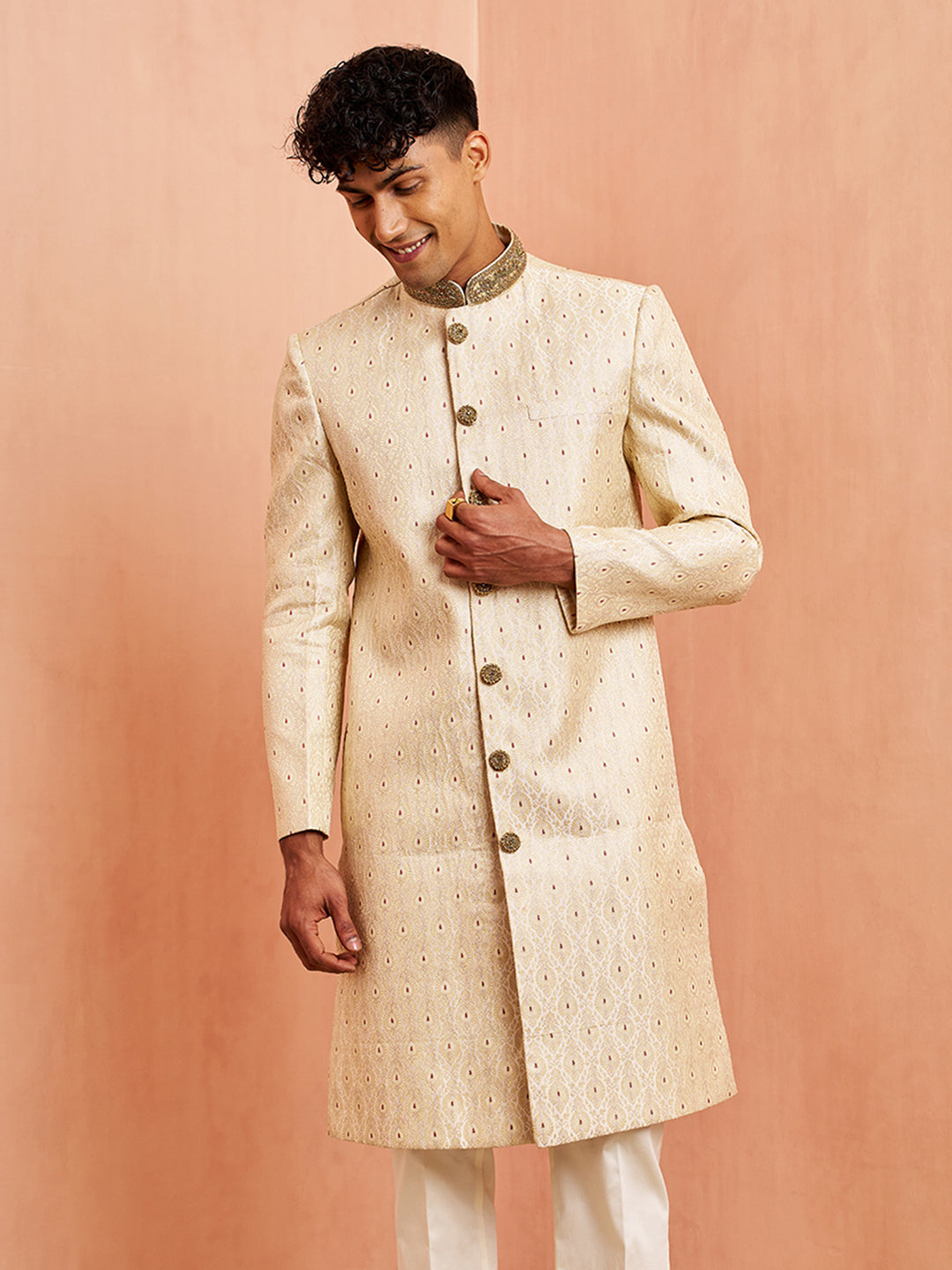 Vastramay Men Cream Silk Sherwani