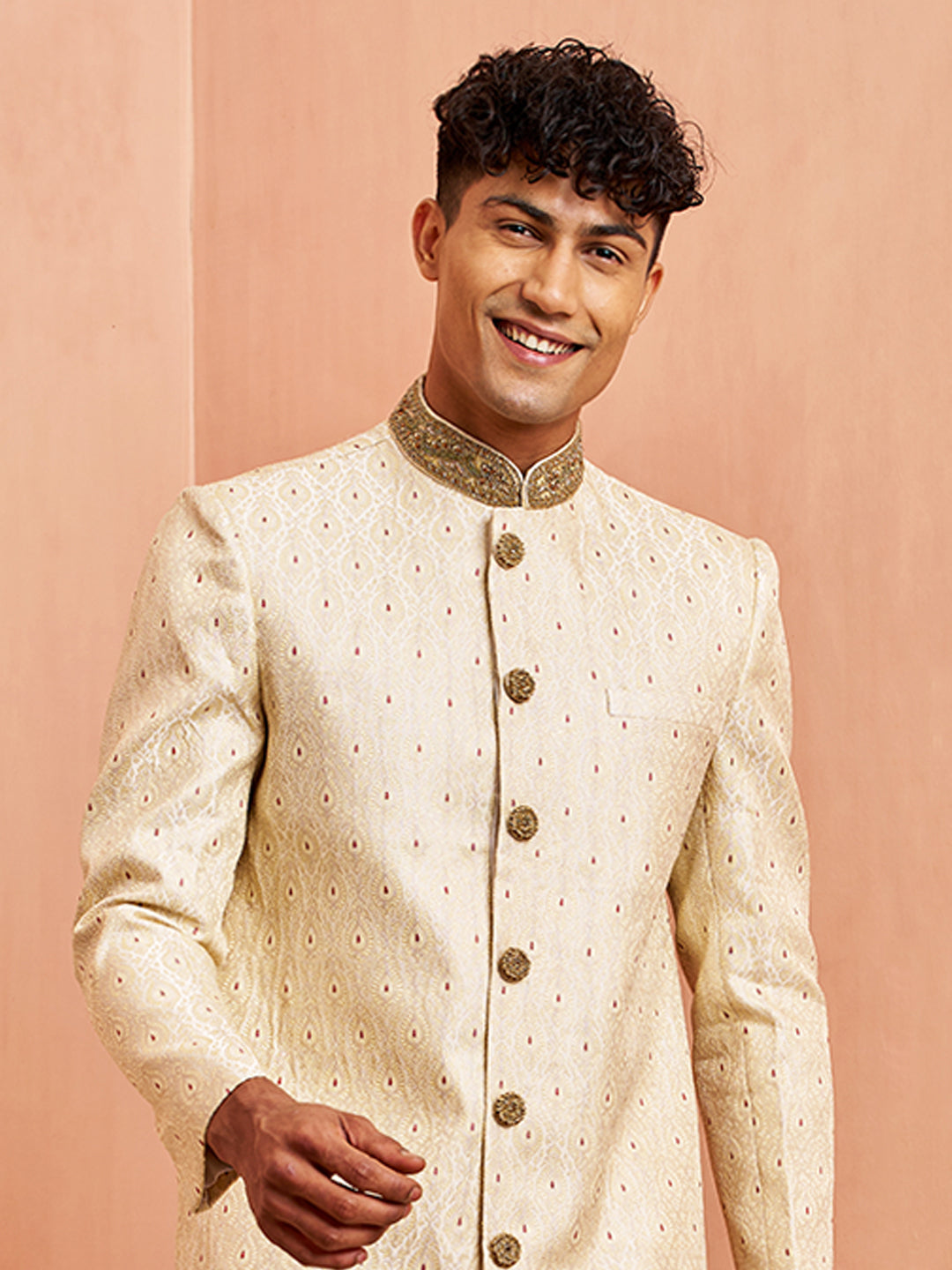 Men's Cream Maroon Jacquard Sherwani Set