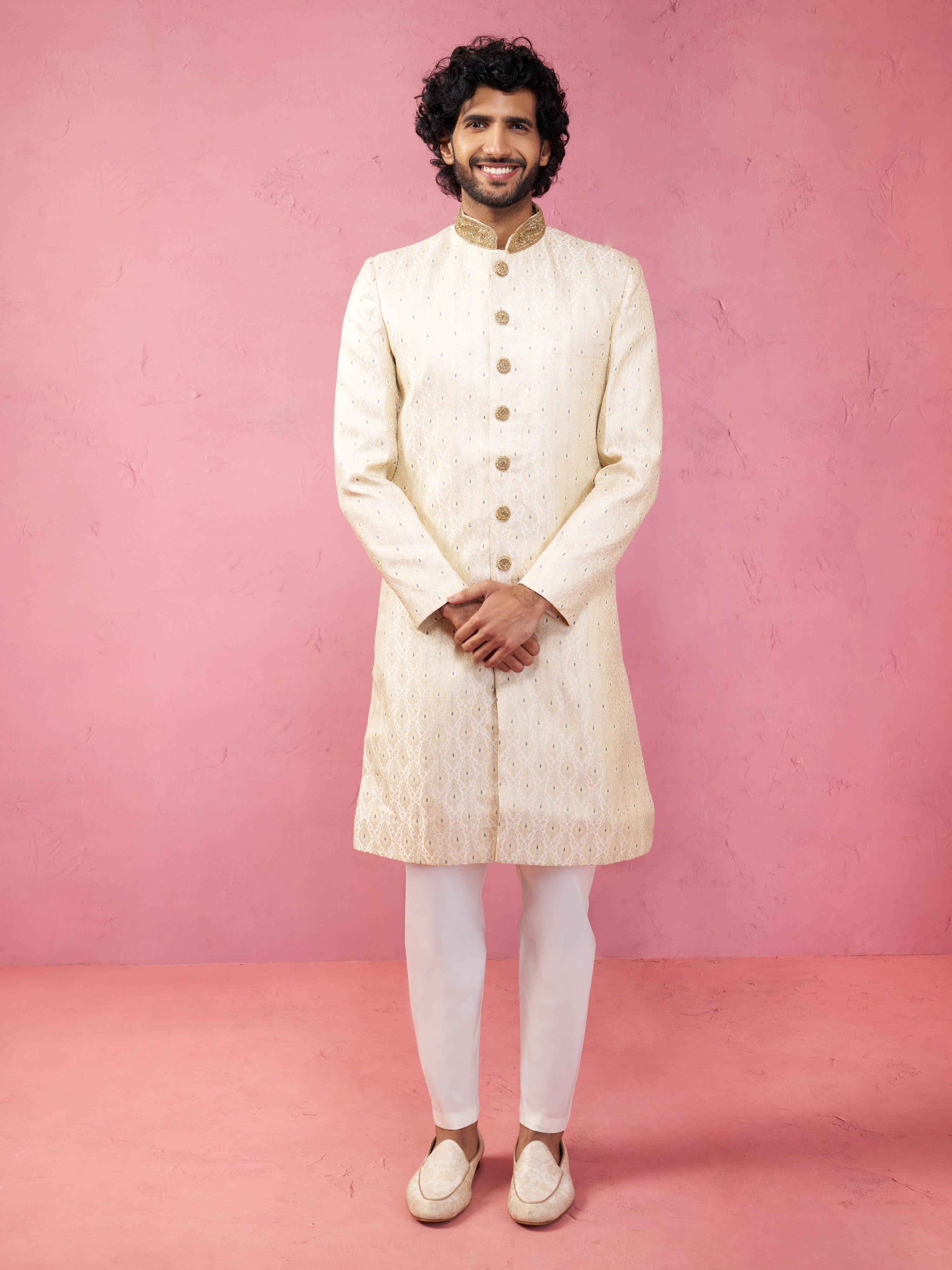 Men's Royal Blue Sherwani Set with Cream Pyjama