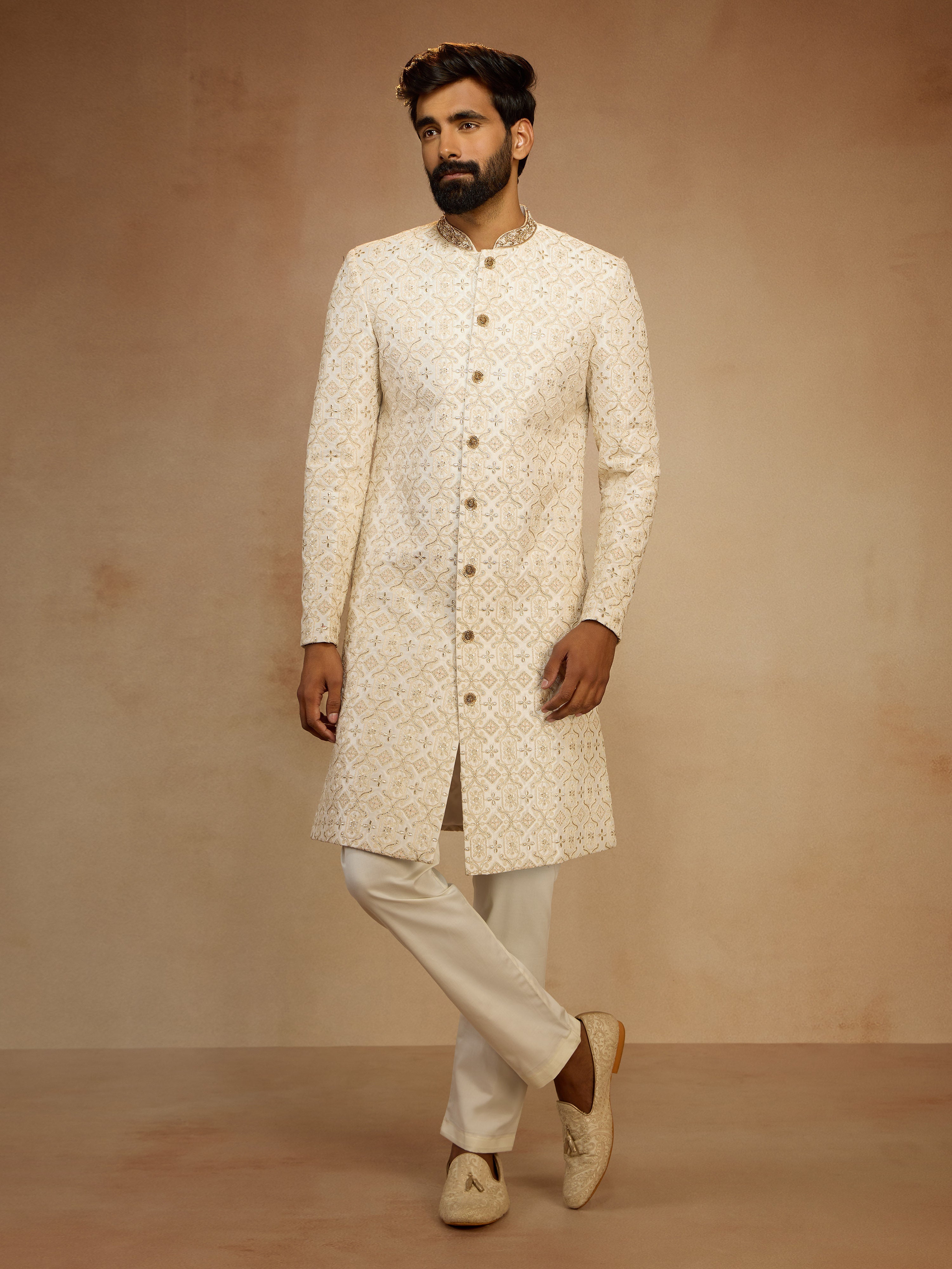 Men's White Zari Bead Floral Embroidered Silk Blend Sherwani with Cream Fine Satin Pyjama Set