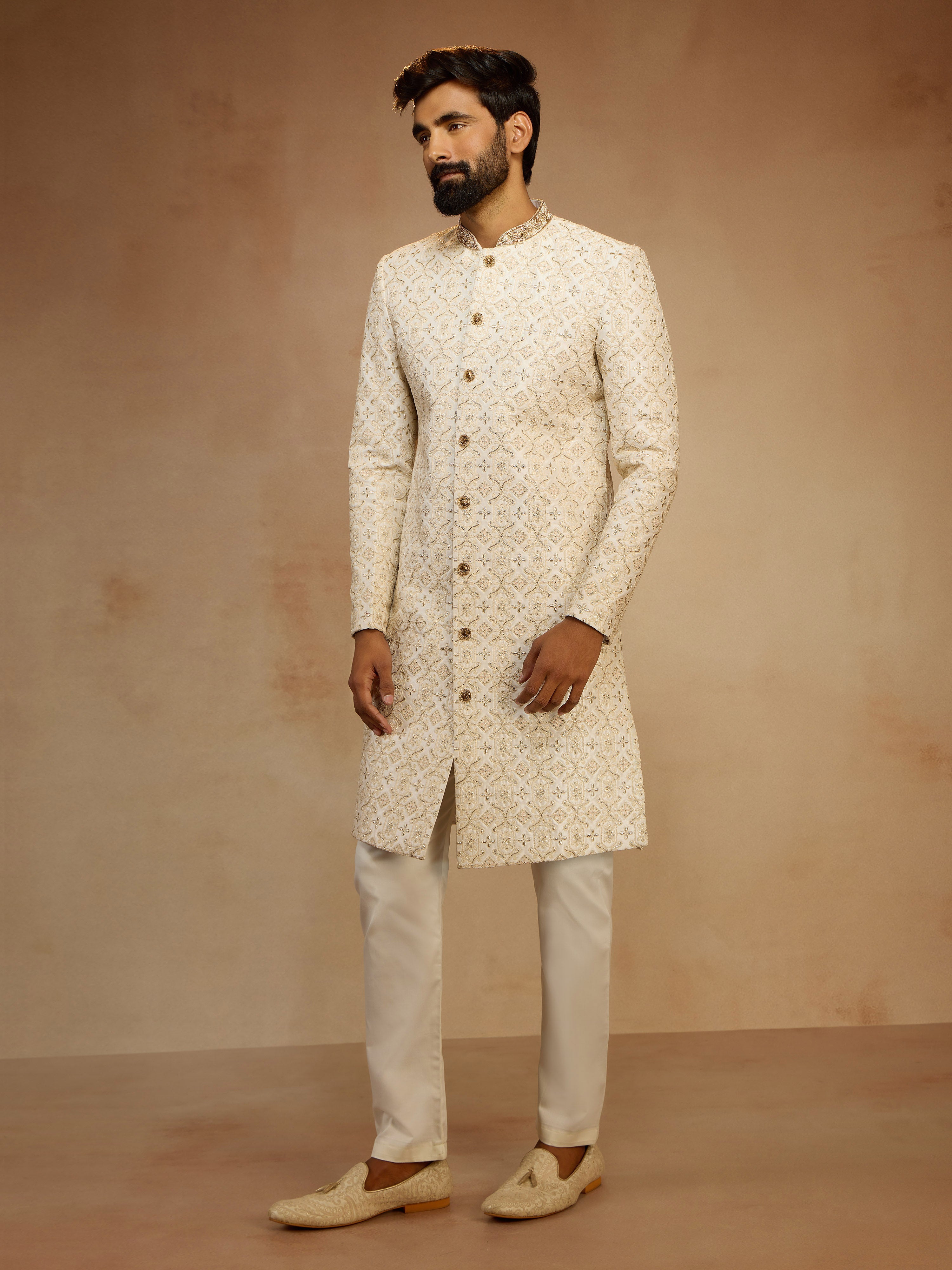 Men's White Zari Bead Floral Embroidered Silk Blend Sherwani with Cream Fine Satin Pyjama Set