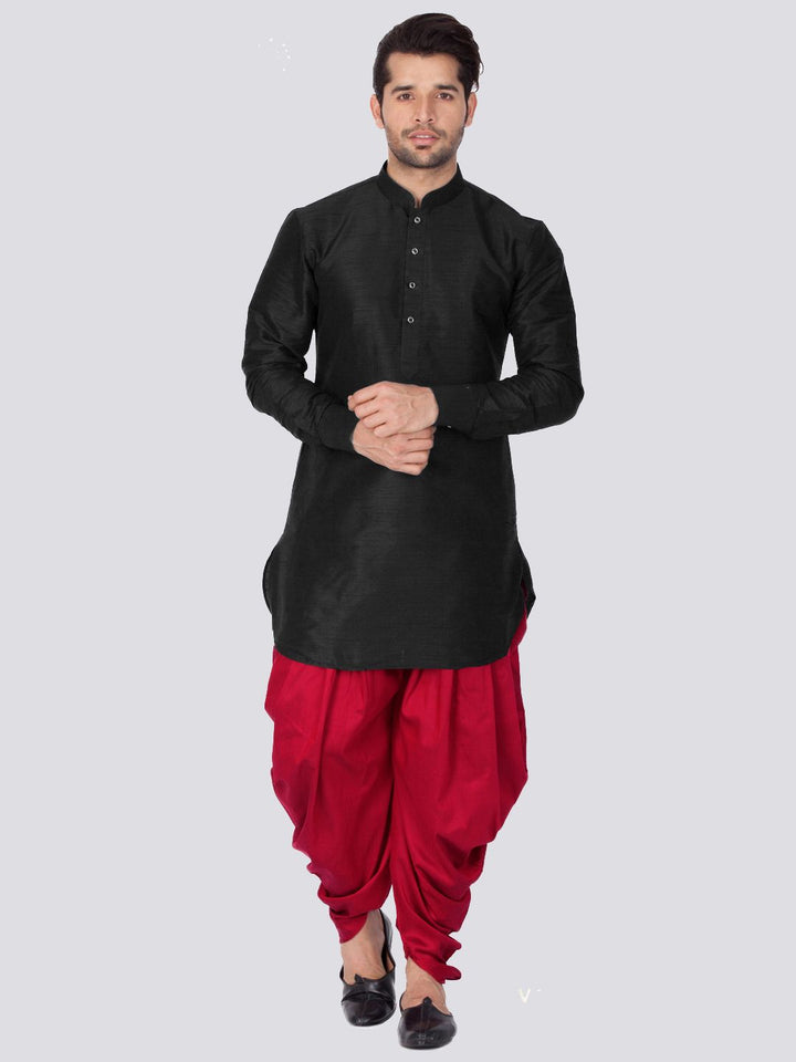 VM By VASTRAMAY Men's Black Silk Blend Curved Kurta Dhoti Set