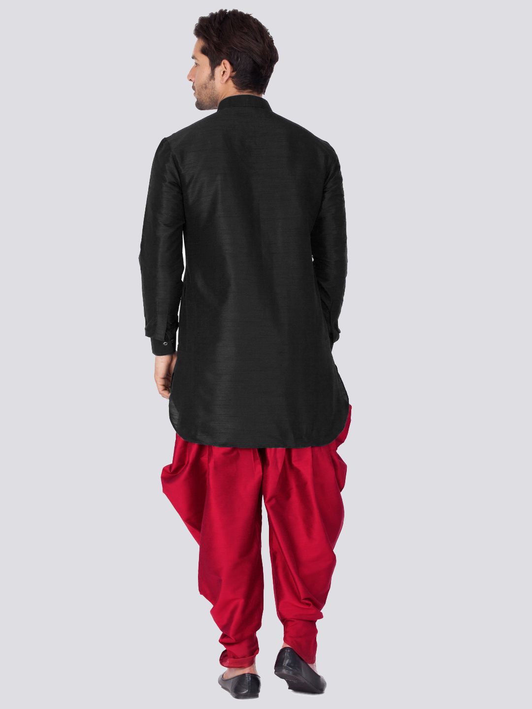 VM By VASTRAMAY Men's Black Silk Blend Curved Kurta Dhoti Set