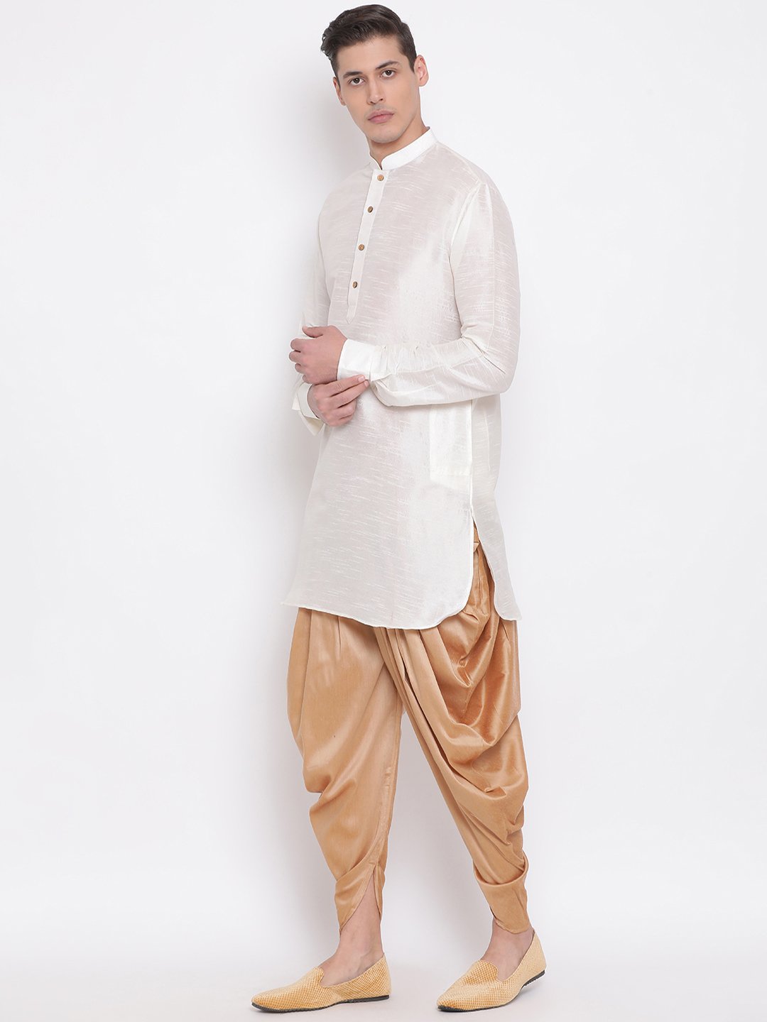 VM By VASTRAMAY Men's Cream Silk Blend Curved Kurta Dhoti Set