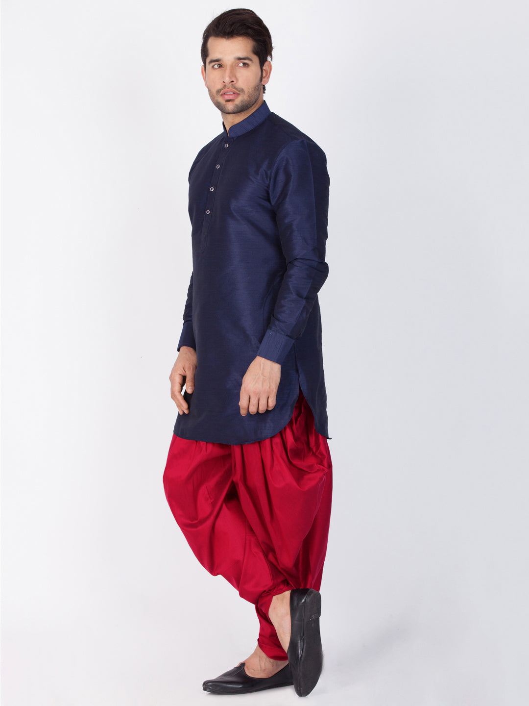 Vastramay Silk Blend Blue And Maroon Baap Beta Dhoti Kurta Set