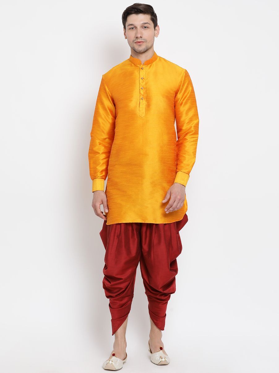 VM By VASTRAMAY Men's Orange Silk Blend Curved Kurta Dhoti Set