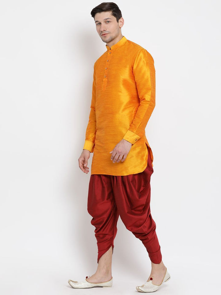 VM By VASTRAMAY Men's Orange Silk Blend Curved Kurta Dhoti Set