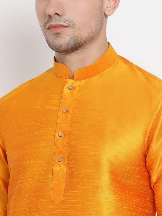 VM By VASTRAMAY Men's Orange Silk Blend Curved Kurta Dhoti Set