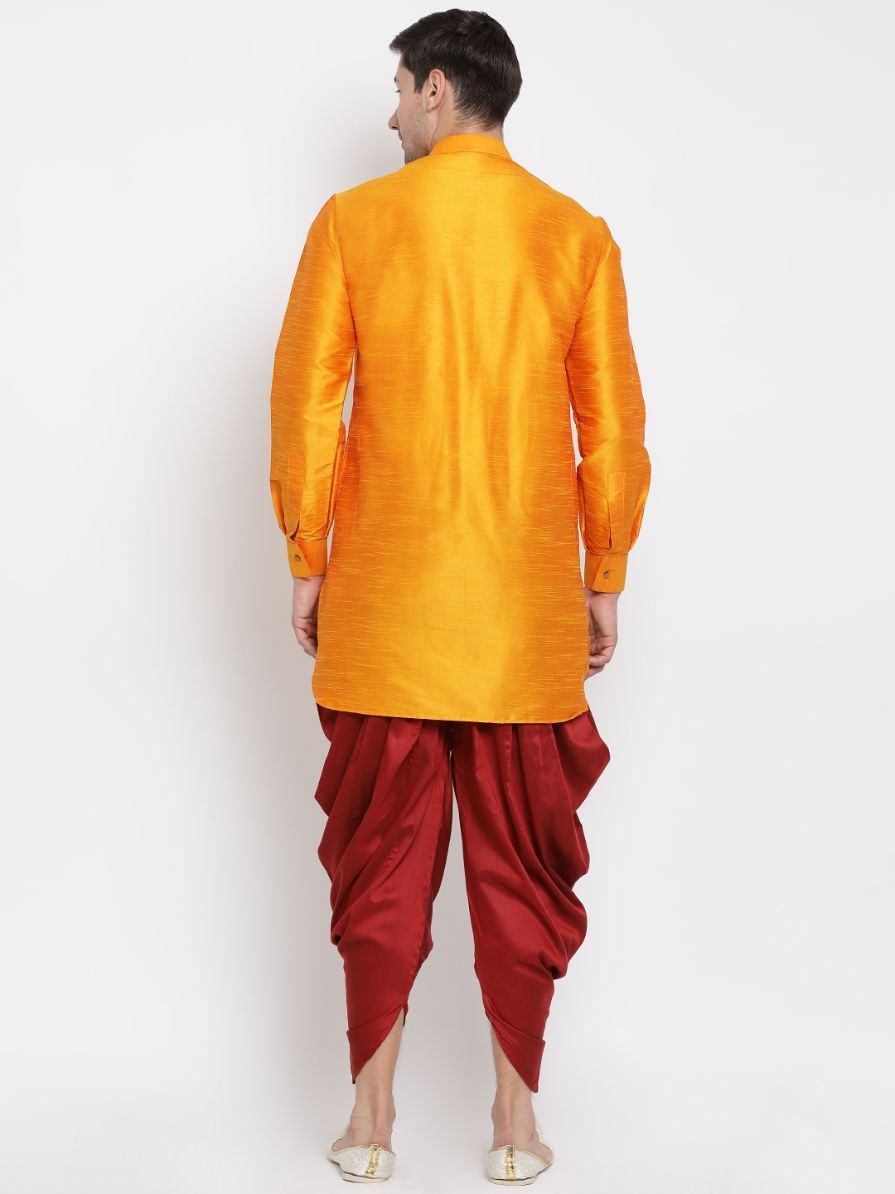 VM By VASTRAMAY Men's Orange Silk Blend Curved Kurta Dhoti Set