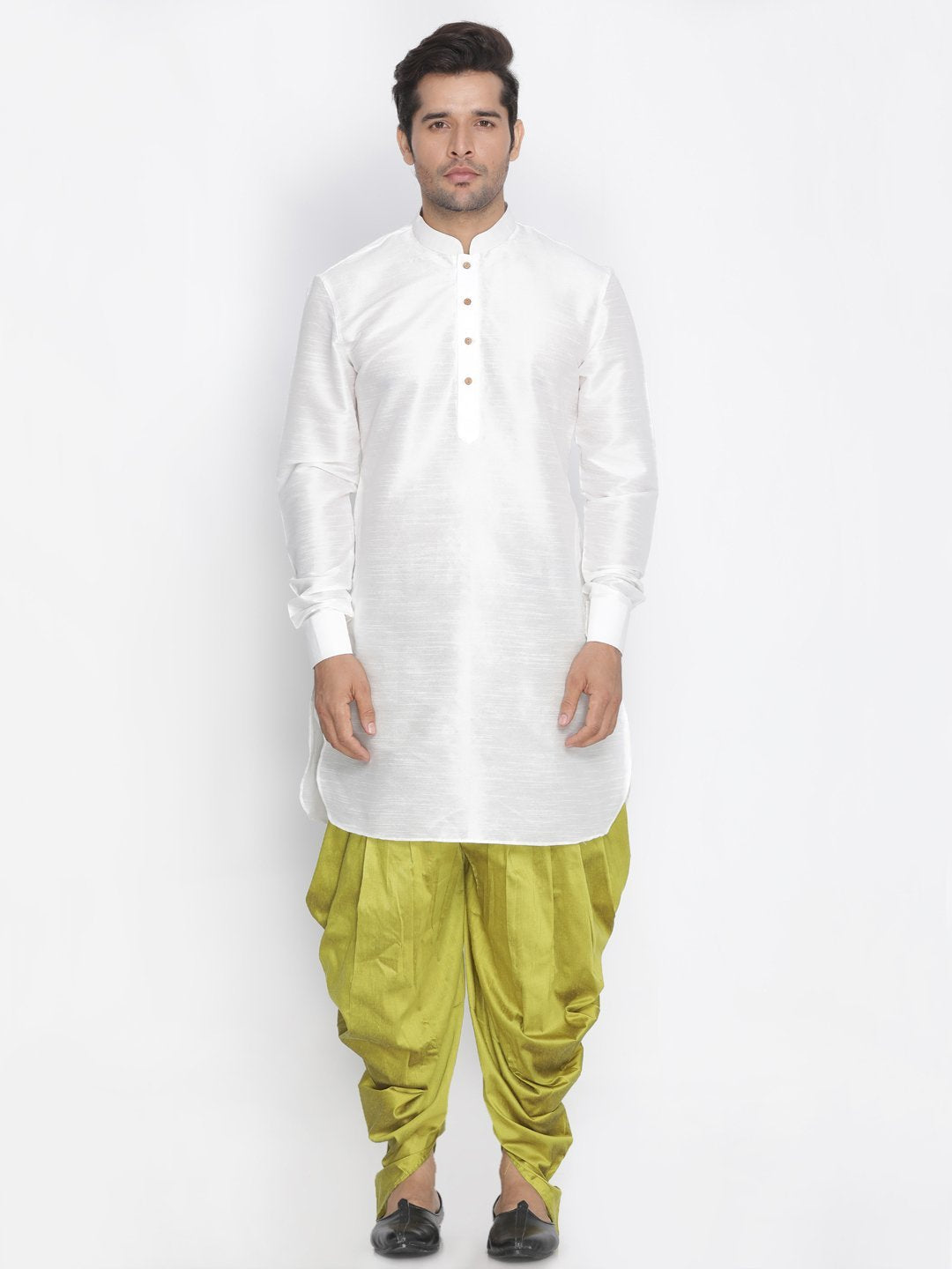 VM By VASTRAMAY Men's White Silk Blend Curved Kurta Dhoti Set