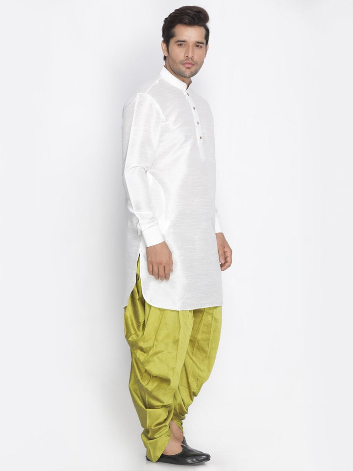 VM By VASTRAMAY Men's White Silk Blend Curved Kurta Dhoti Set