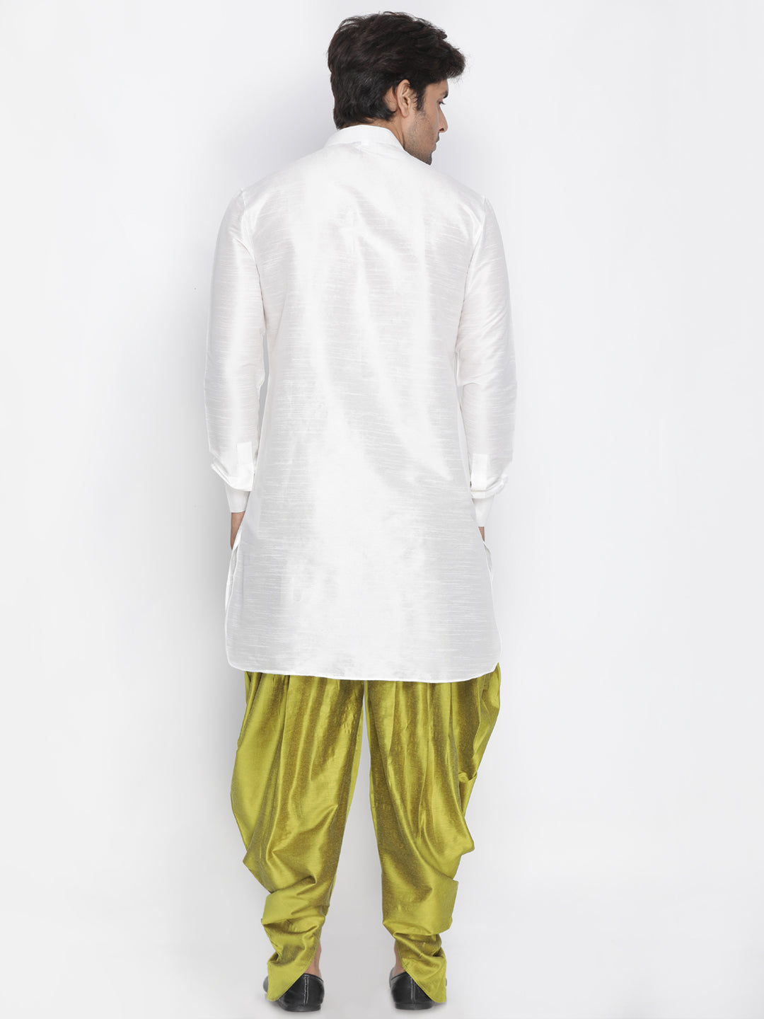 VM By VASTRAMAY Men's White Silk Blend Curved Kurta Dhoti Set