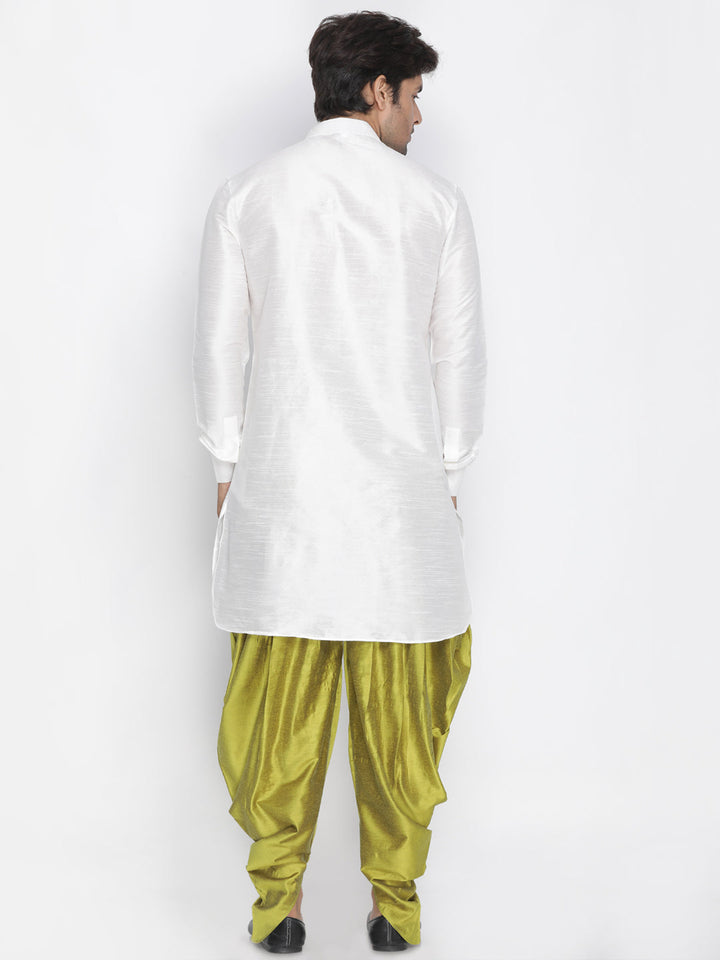 VM By VASTRAMAY Men's White Silk Blend Curved Kurta Dhoti Set