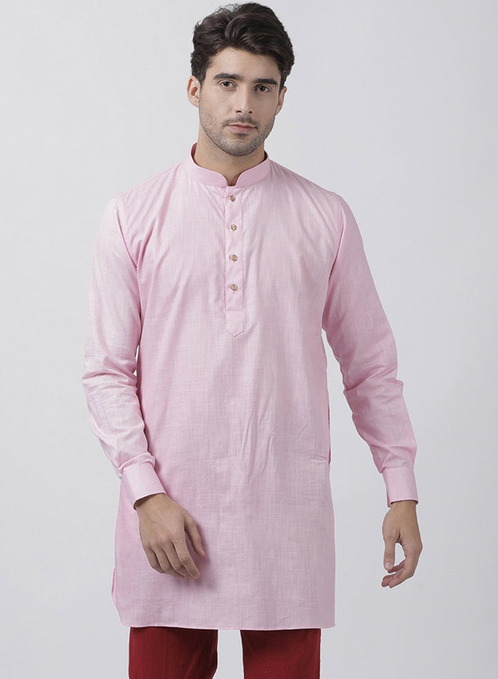 VASTRAMAY Men's Pink Cotton Linen Blend Kurta