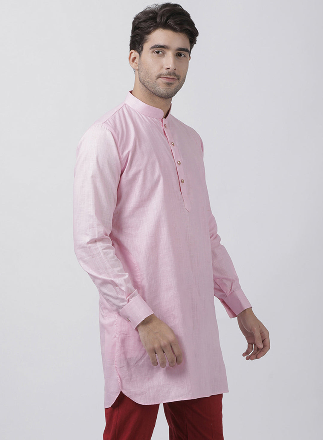 VASTRAMAY Men's Pink Cotton Linen Blend Kurta