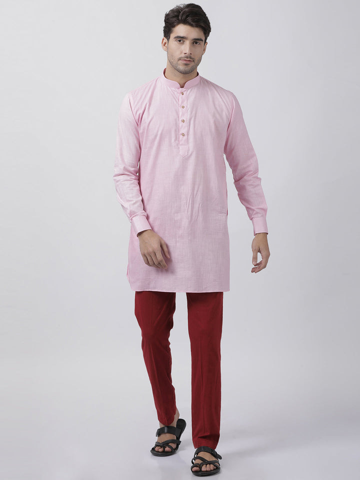 VASTRAMAY Men's Pink Cotton Linen Blend Kurta