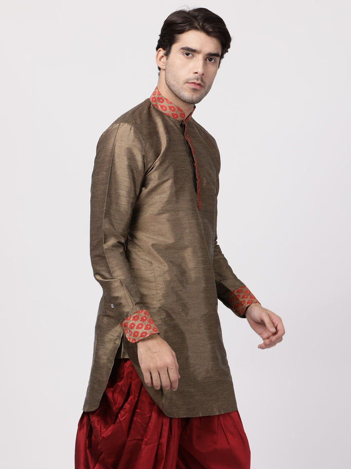 VM By VASTRAMAY Men's Bronze and Maroon Toned Silk Blend Kurta