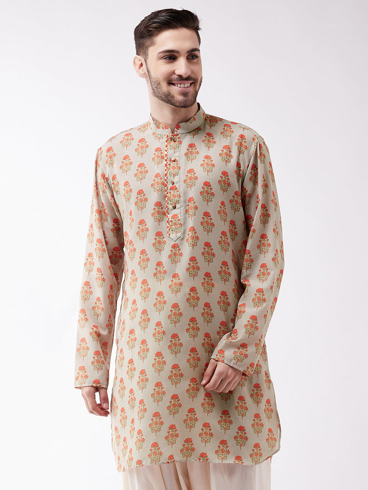 Vastramay Men's Multicolor-Base-Cream Muslin Cotton Kurta