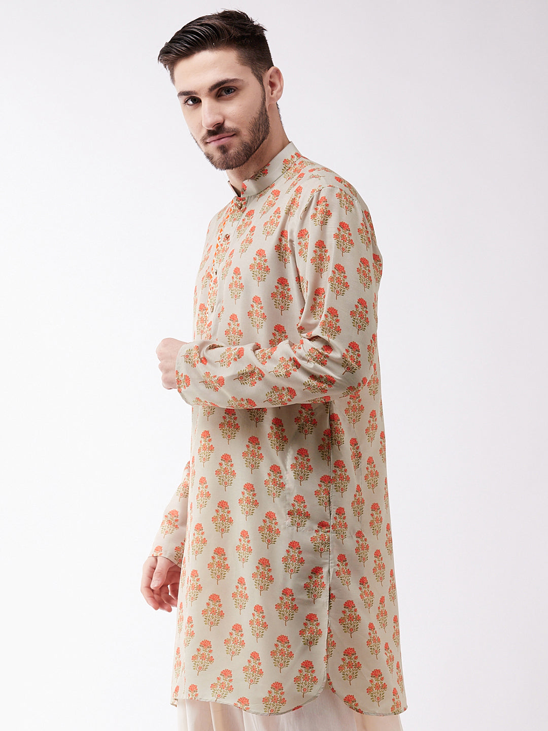 Vastramay Men's Multicolor-Base-Cream Muslin Cotton Kurta