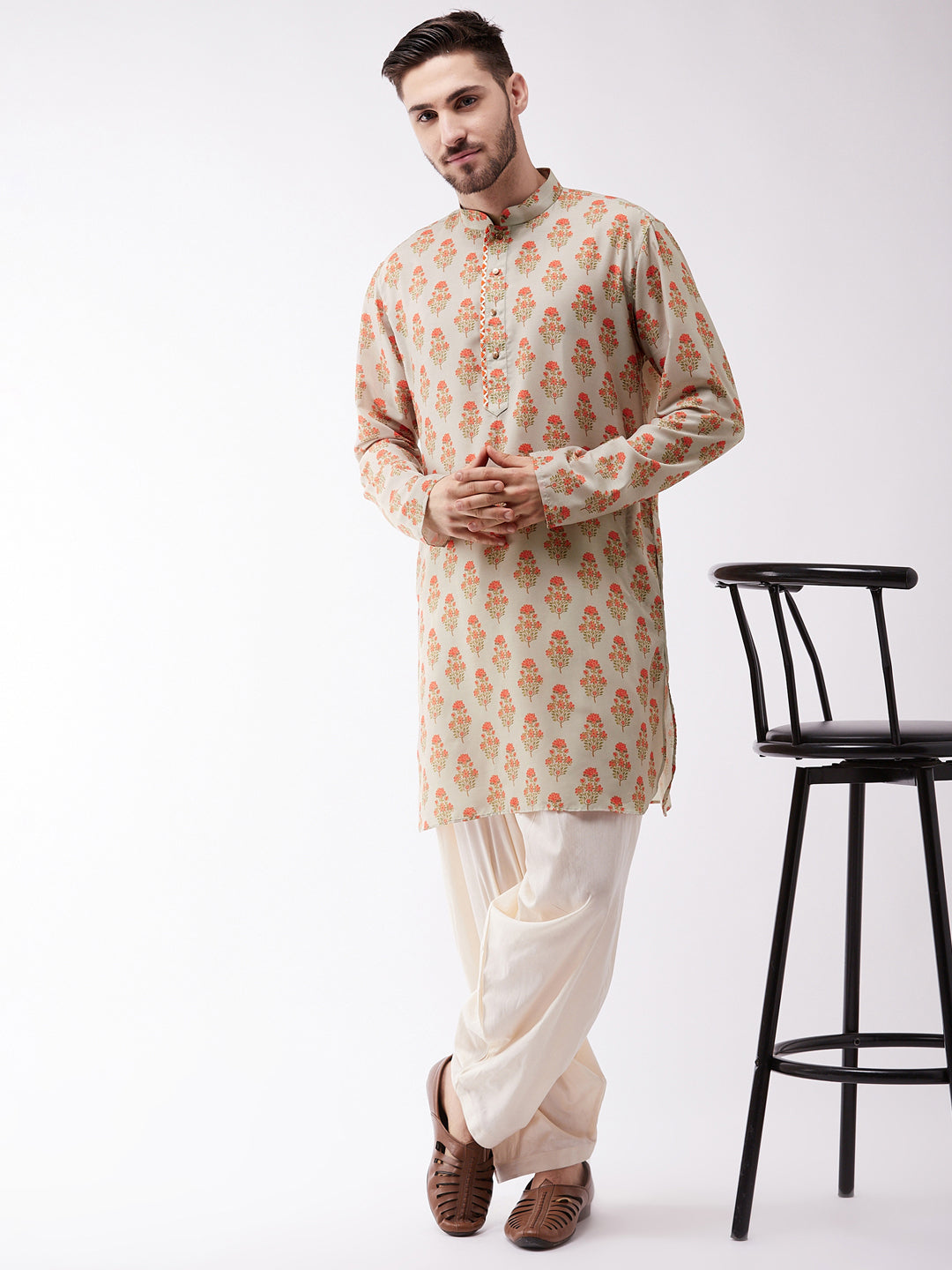 Vastramay Men's Multicolor-Base-Cream Muslin Cotton Kurta