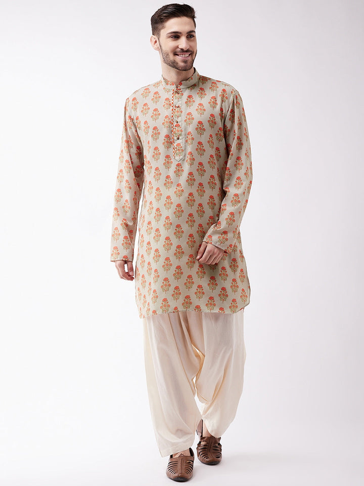 VASTRAMAY Men's Multicolor-Base-Beige And Cream Muslin Cotton Kurta and Patiala Set