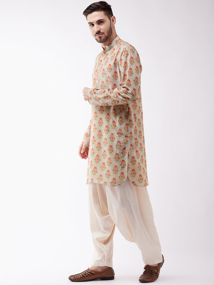 VASTRAMAY Men's Multicolor-Base-Beige And Cream Muslin Cotton Kurta and Patiala Set