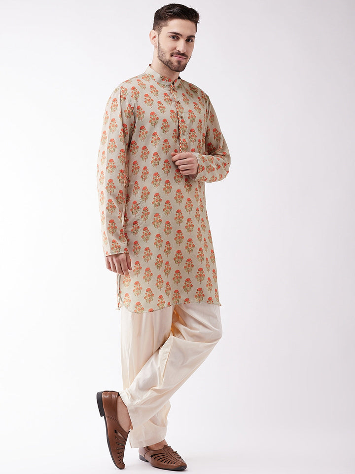 VASTRAMAY Men's Multicolor-Base-Beige And Cream Muslin Cotton Kurta and Patiala Set