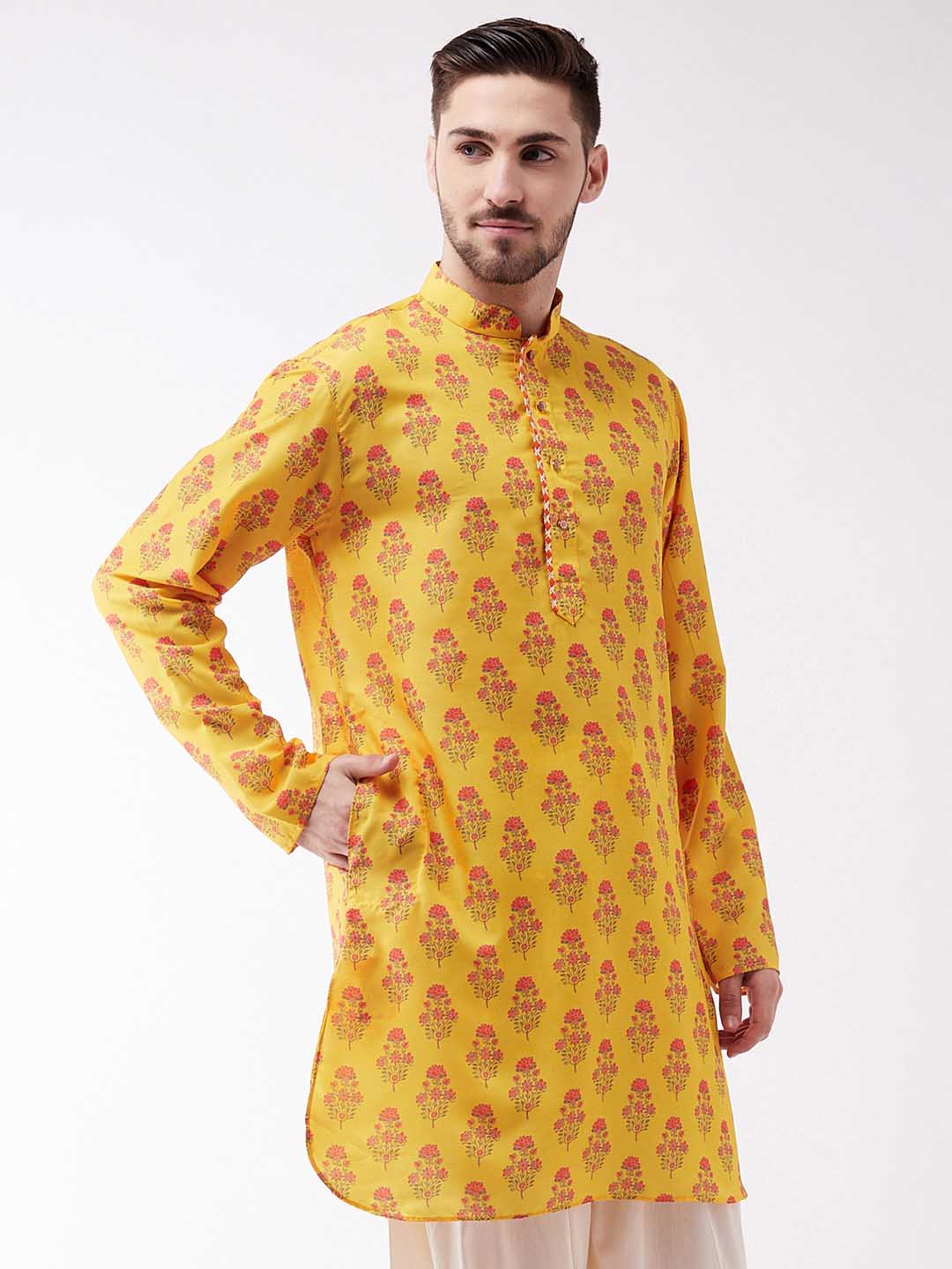 Vastramay Men's Multicolor-Base-Mustard Muslin Cotton Kurta