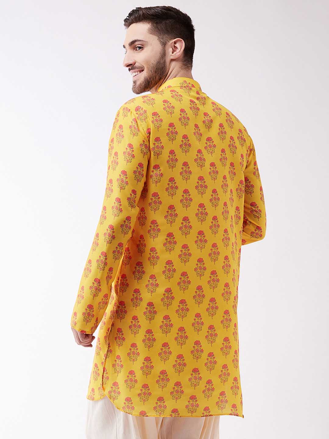 Vastramay Men's Multicolor-Base-Mustard Muslin Cotton Kurta